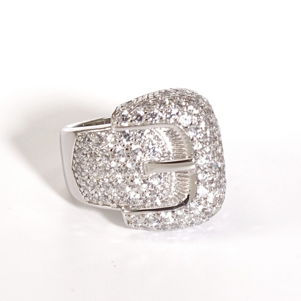 Vintage Buckle Diamond Simulant Ring Sterling Silver Sz 8!